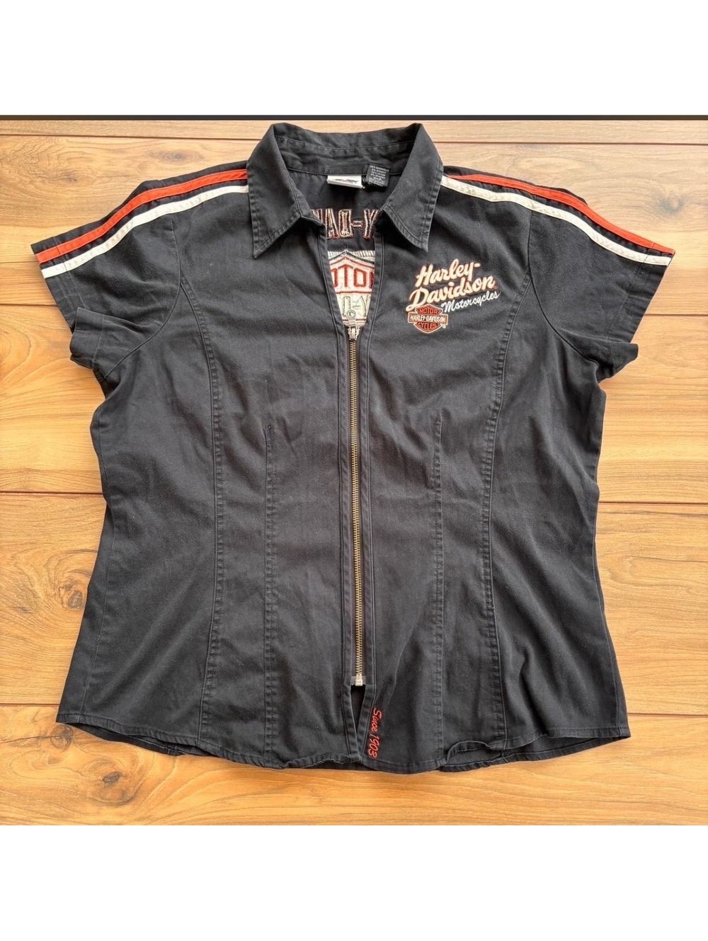Harley-Davidson Women's Black Short Sleeve Zip-Up Shirt with Logo